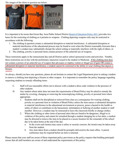 Green Bay Area Public School District memo on clothing depicting weapons and #2ATuesday - Part 2