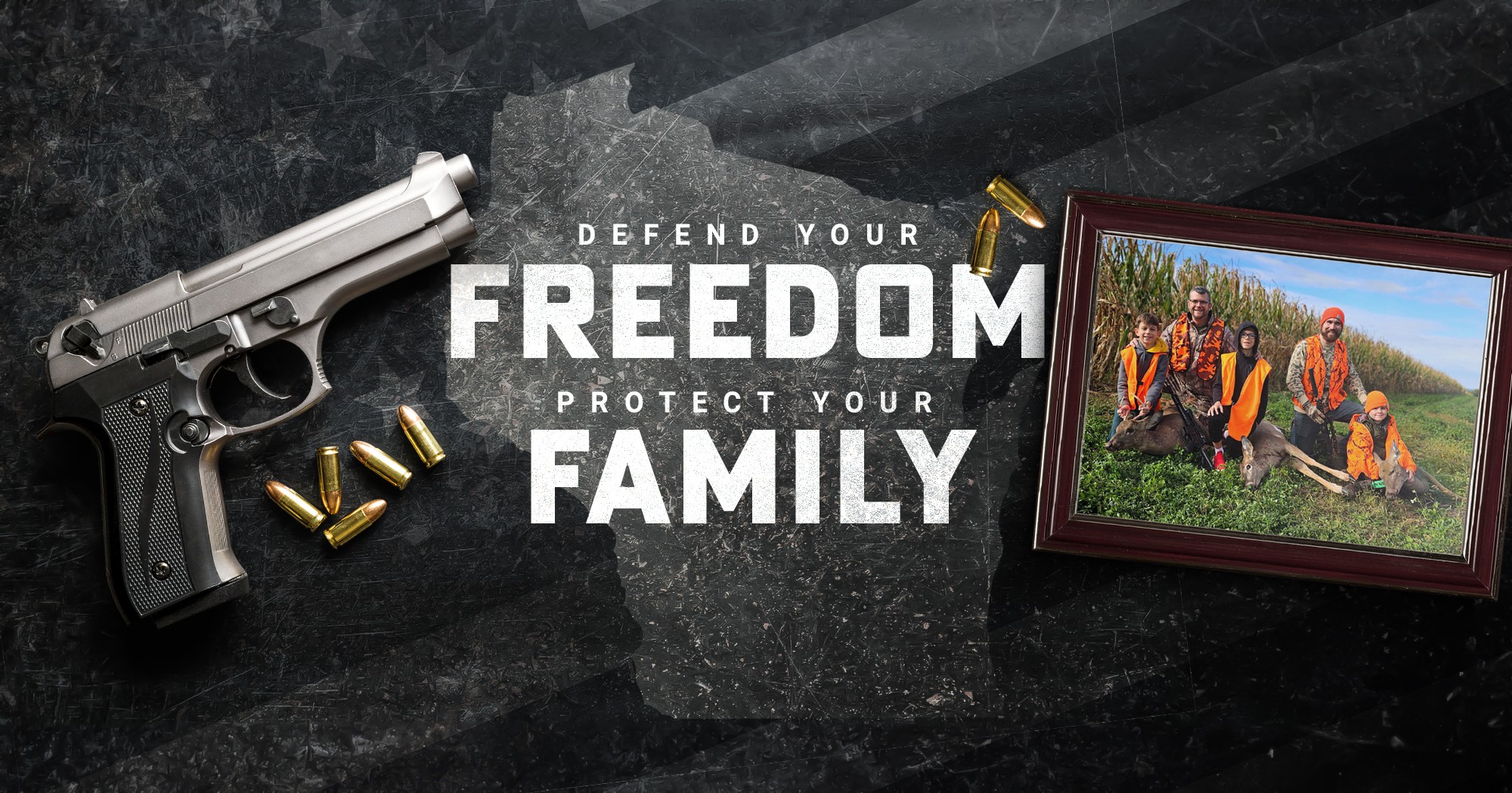 Handgun, bullets and a Wisconsin family hunting photo with deer over an American flag background